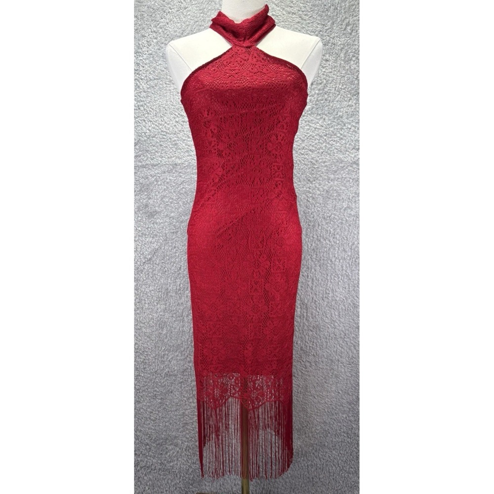 Dollhouse Red Lace Bodycon Midi Dress Small Halter Neck Tassel Boho Party